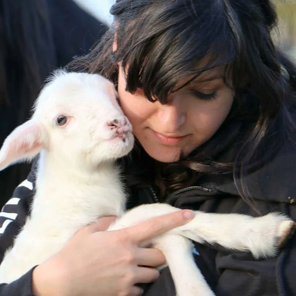 Woman holding a baby lamb