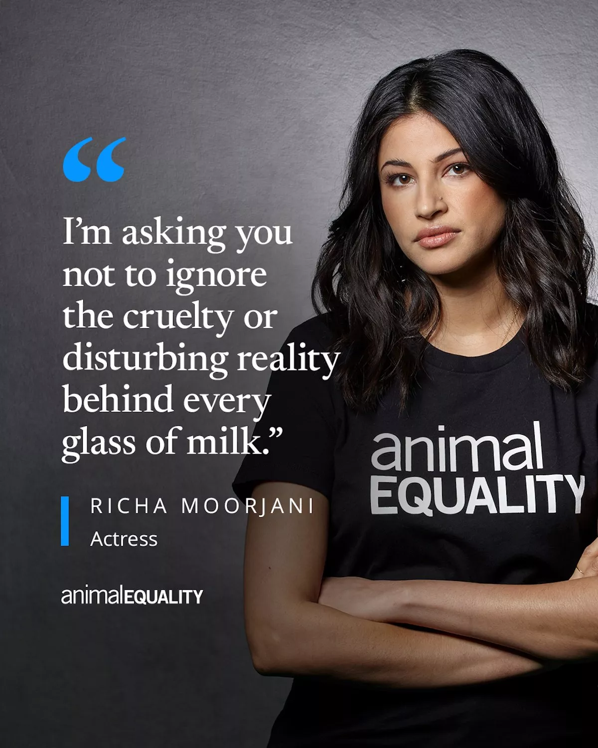 Richa Moorjani using an Animal Equality shirt