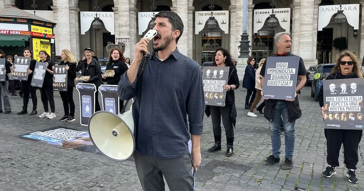 Animal Equality's Vice President in Europe leads a protest in Italy against male chick killing