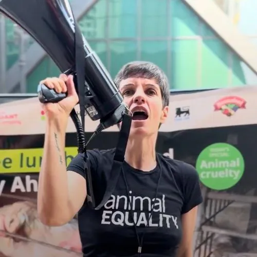 Sharon Núñez during an Animal Equality protest